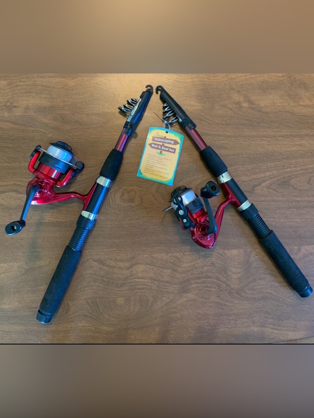 Set of 2 Telescoping Spin Cast Rod & Reel Set - Red/Black